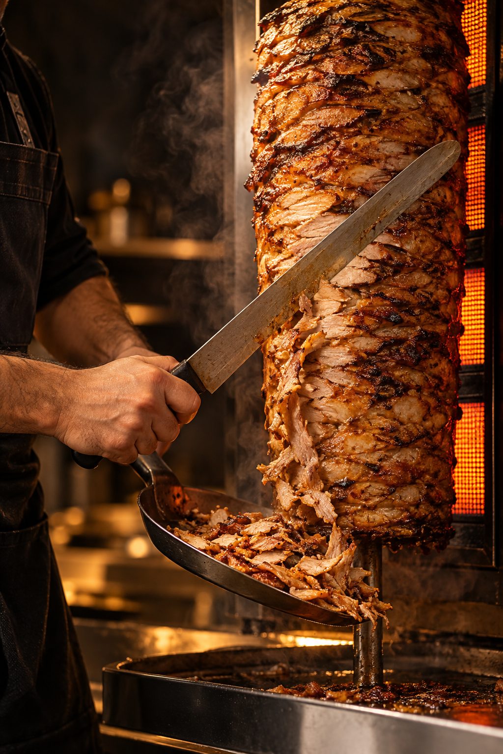 A kebab master carving thin slices from a vertical kebab spit