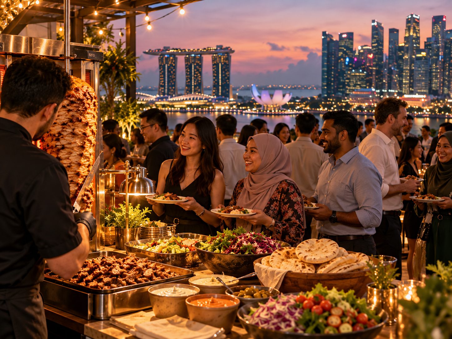 A live kebab station at a rooftop event in Singapore with guests queuing